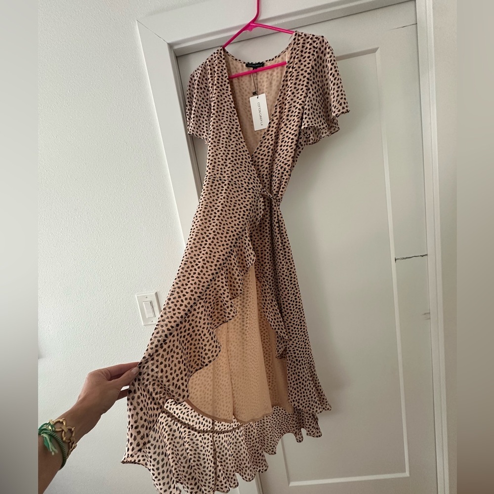 Cotton Candy Polka Dot Wrap Dress - Tan and Black
